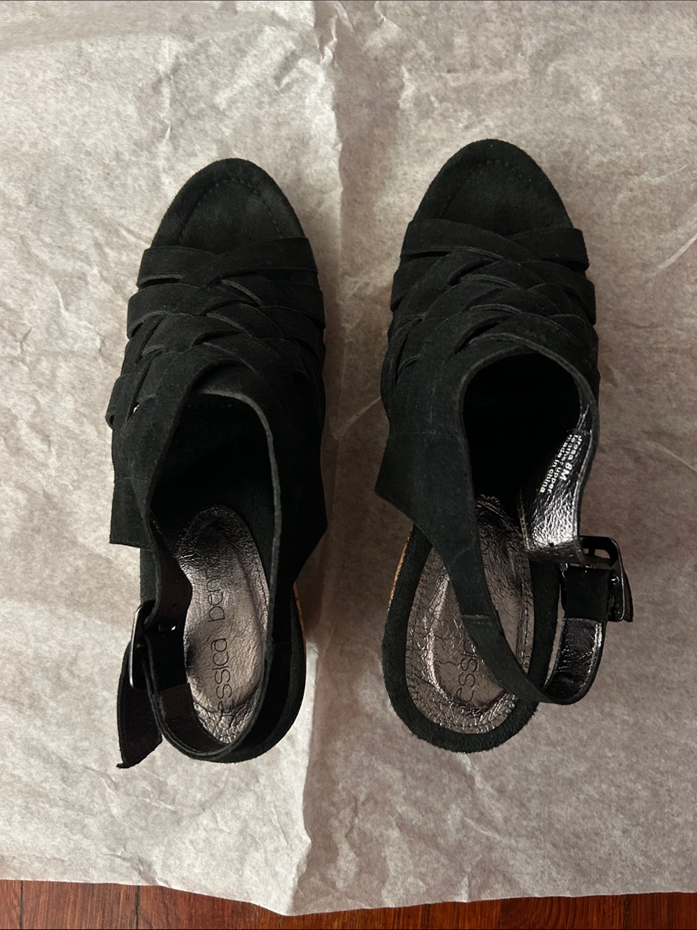 Jessica Bennett Black Suede Peep-Toe Slingback Heels with Braided Leather Upper